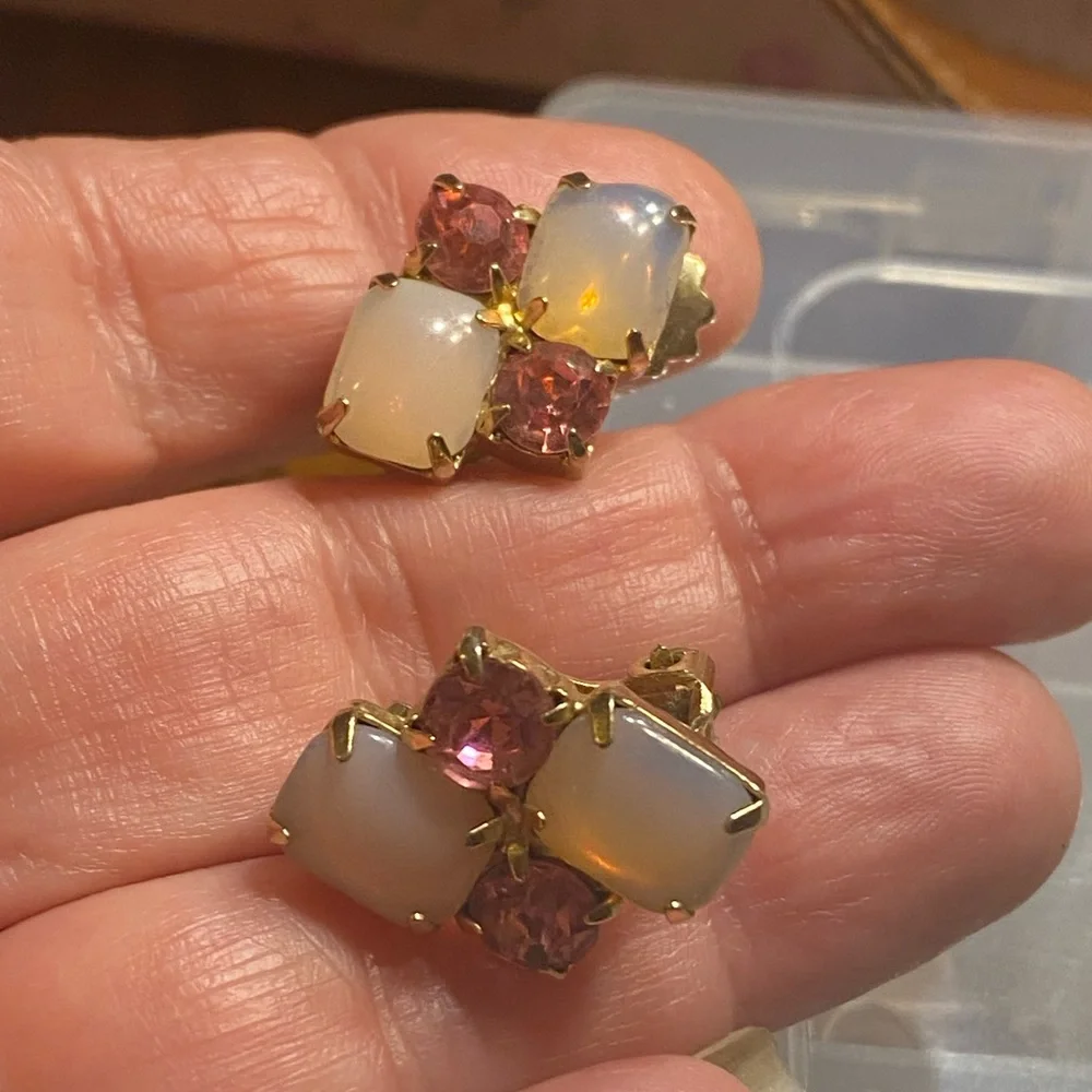 MCM clip on pink givre glass stones paired with pink faceted rhinestones